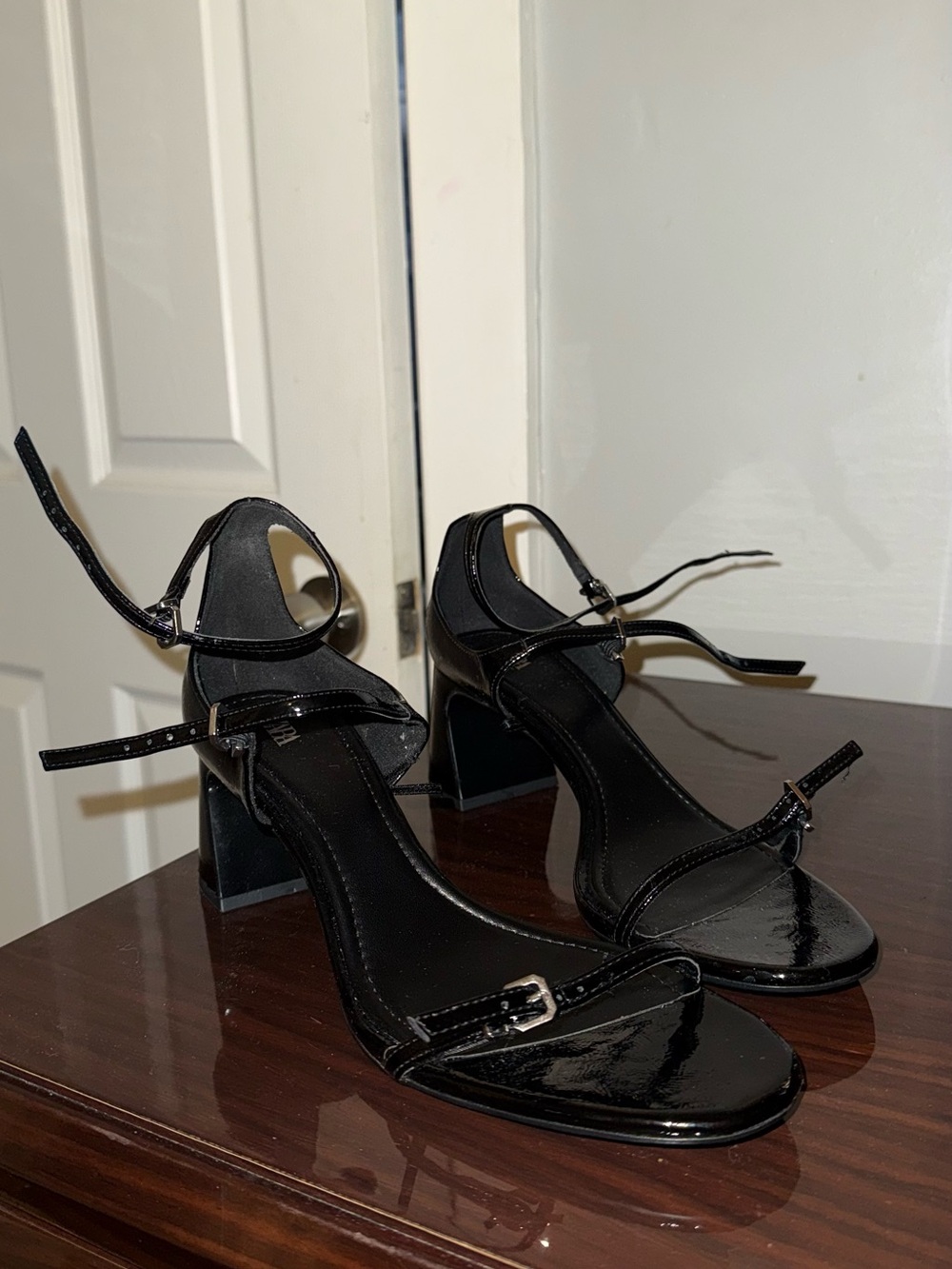 Zara Black Patent Ankle-Strap Block Heels